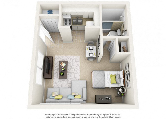 Floor plan for studio, 1 bath, 380 sqft