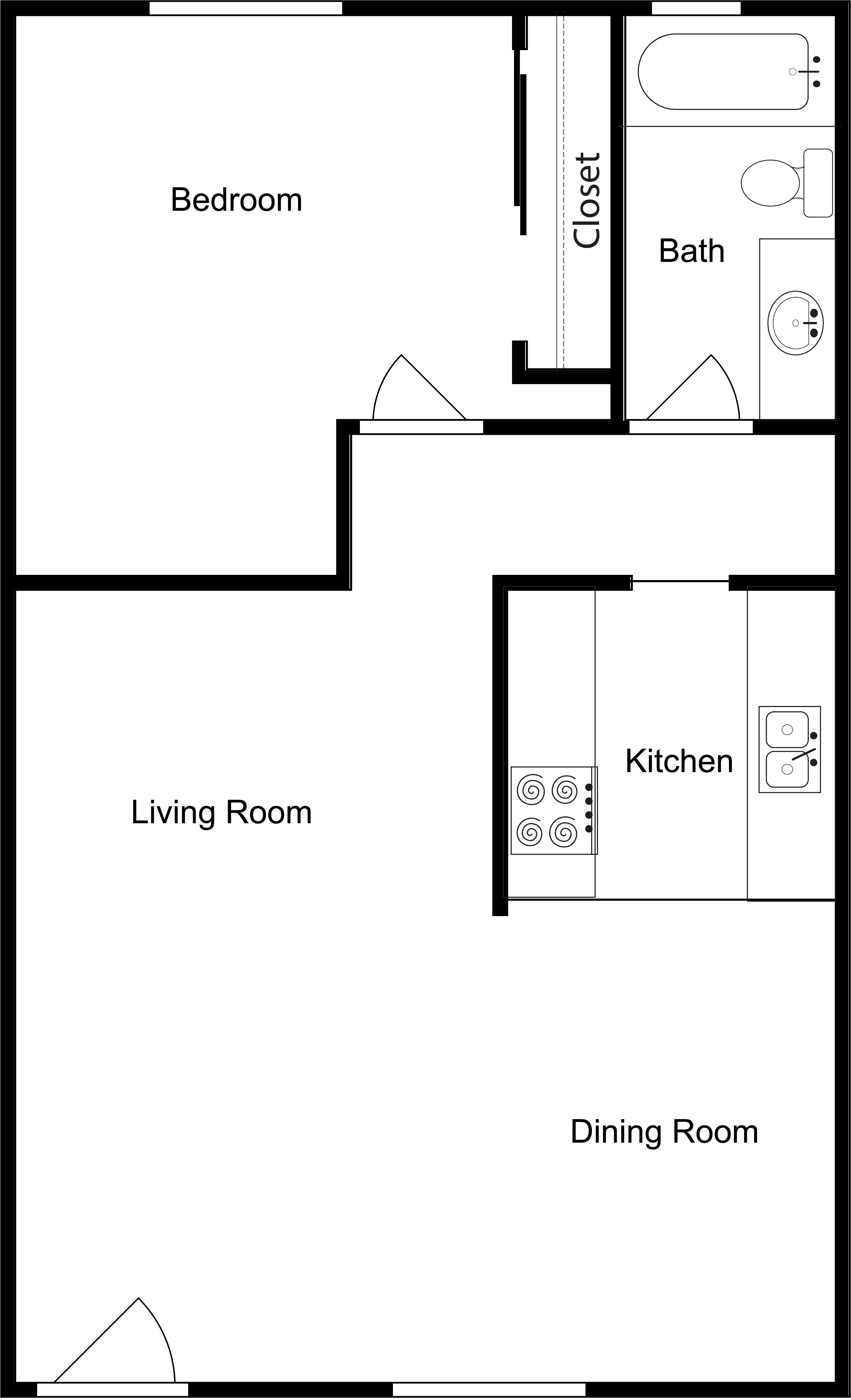 Floor plan for 1 bed, 1 bath, 700 sqft
