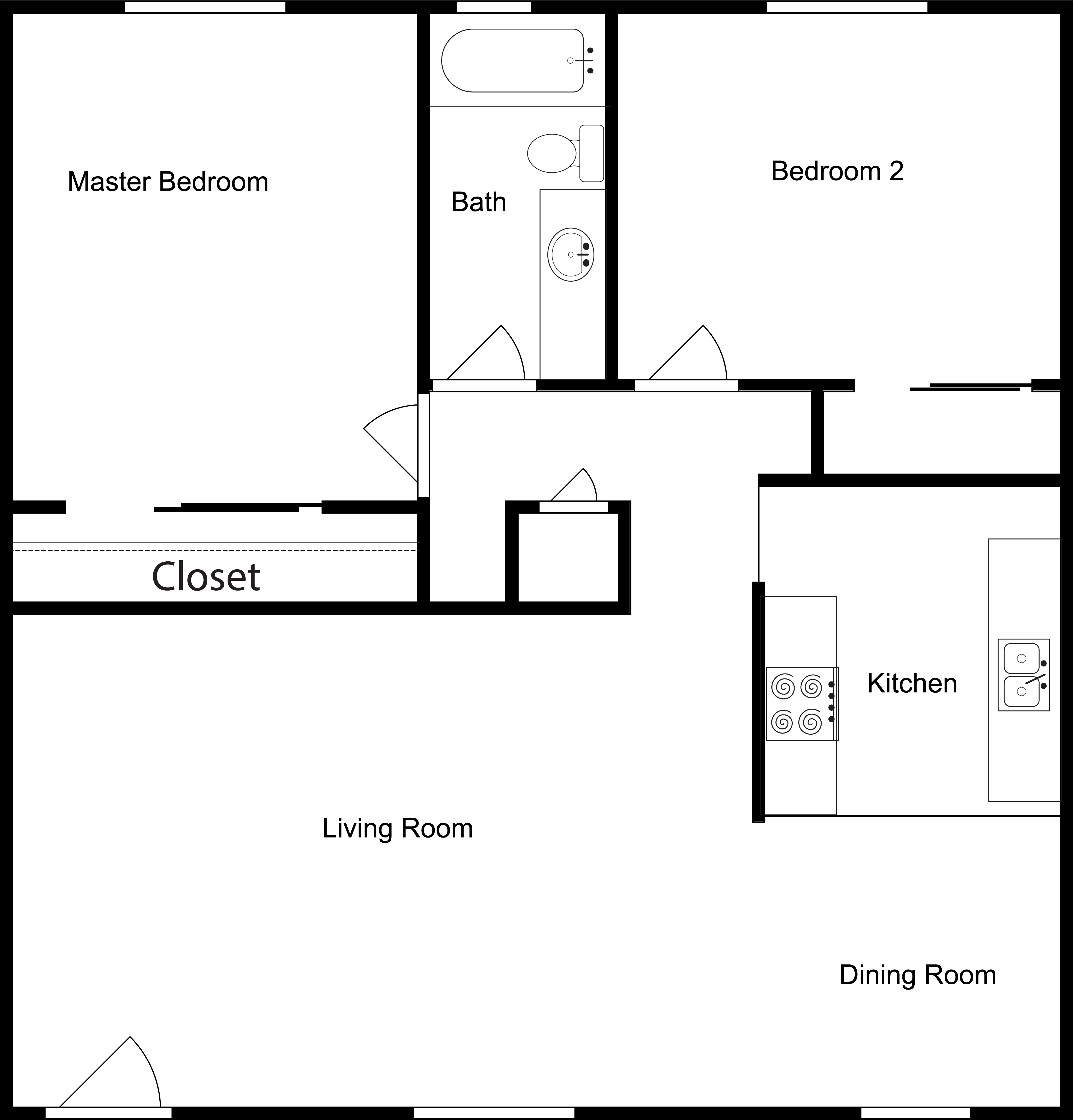 Floor plan for 2 beds, 1 bath, 950 sqft