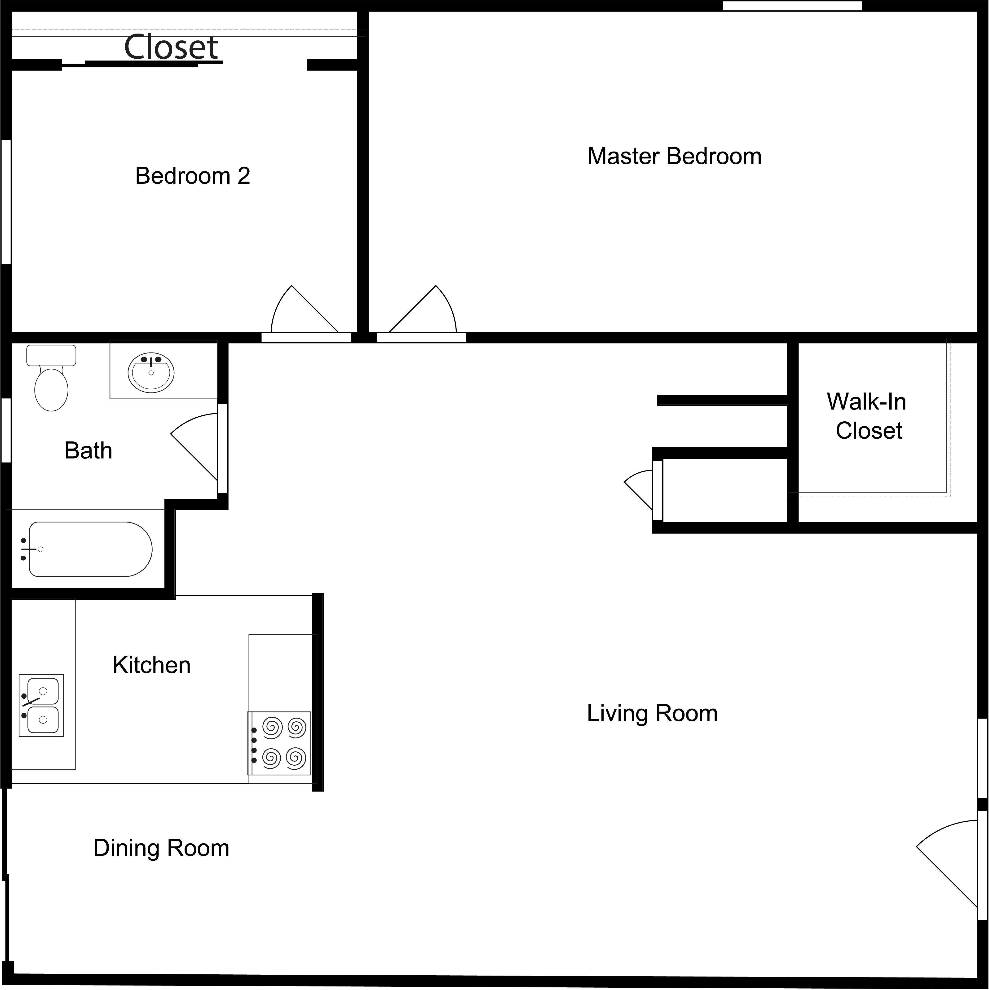 Floor plan for 2 beds, 1 bath, 1050 sqft