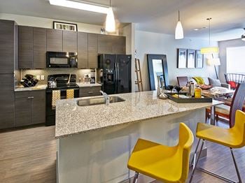 Echo apartments open concept kitchen with island and breakfast bar
