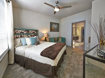 Echo apartments model bedroom with privacy blinds