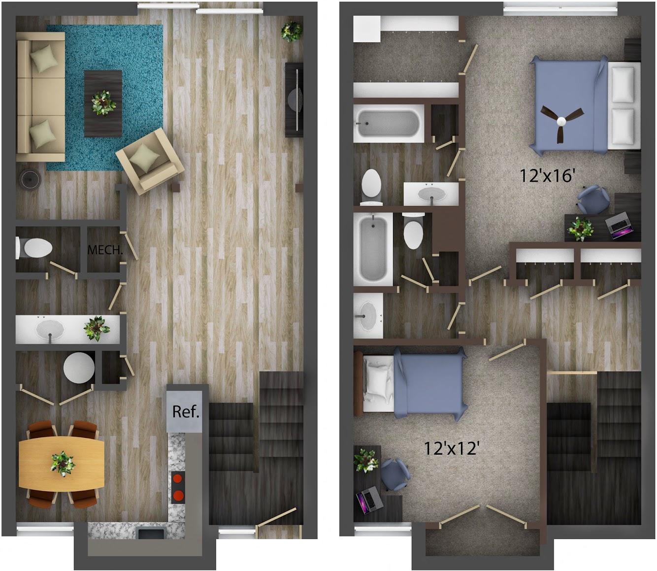 Floor plan for 2 beds, 2.5 baths, 1440 sqft