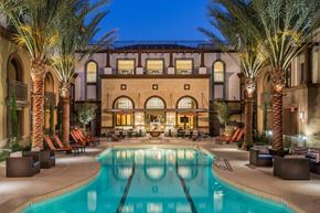 Cerritos apartment for rent - Swimming pool with lounge chairs and trees at Aria. Swimming pool surrounded by lounge chairs and trees