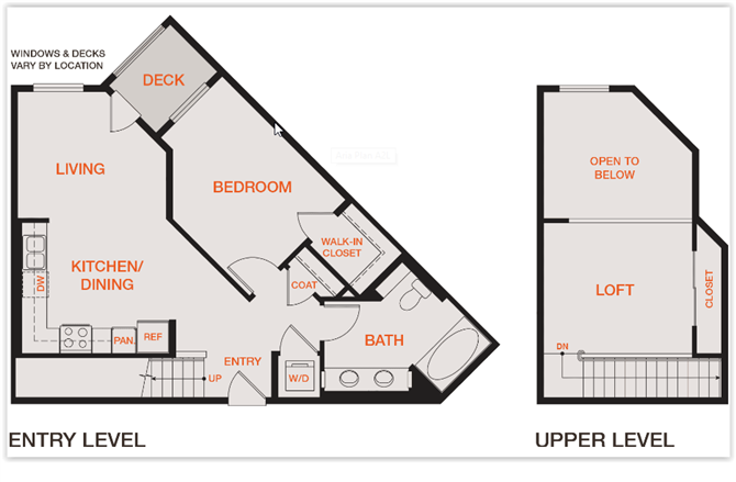 Floor plan for 1 bed, 1 bath, 870 sqft