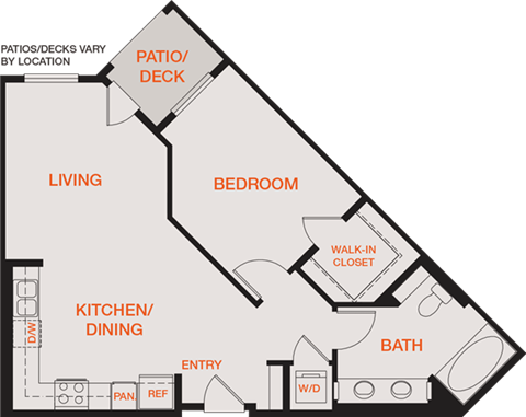 Floor plan for 1 bed, 1 bath, 791 sqft