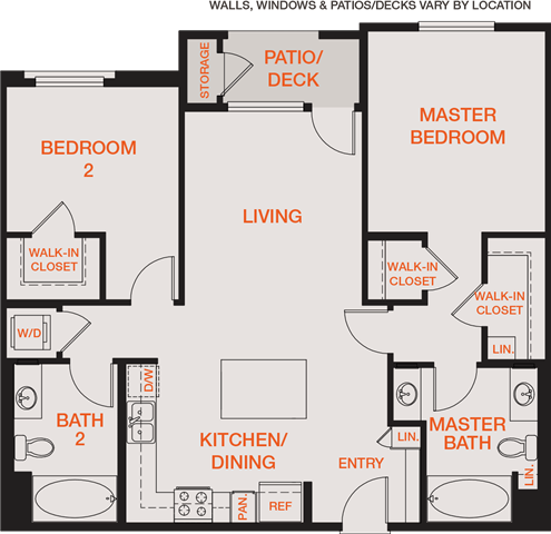 Floor plan for 2 beds, 2 baths, 1153 sqft