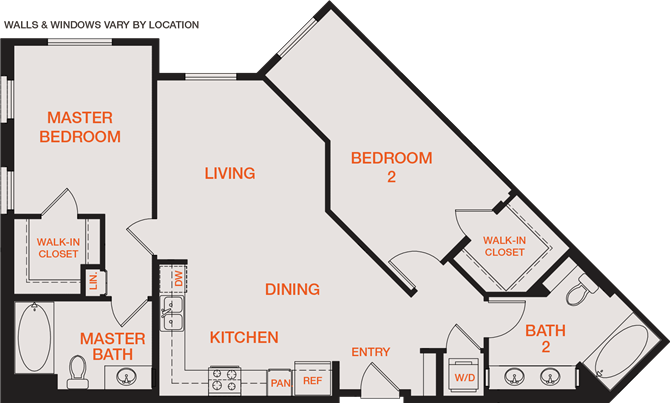 Floor plan for 2 beds, 2 baths, 1142 sqft