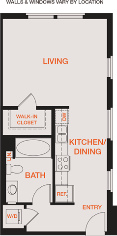 Floor plan for studio, 1 bath, 595 sqft