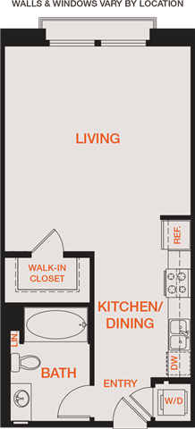 Floor plan for studio, 1 bath, 578 sqft