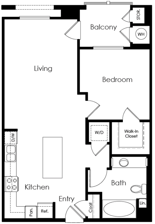 Floor plan for 1 bed, 1 bath, 763 sqft