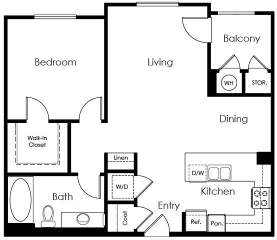 Floor plan for 1 bed, 1 bath, 784 sqft