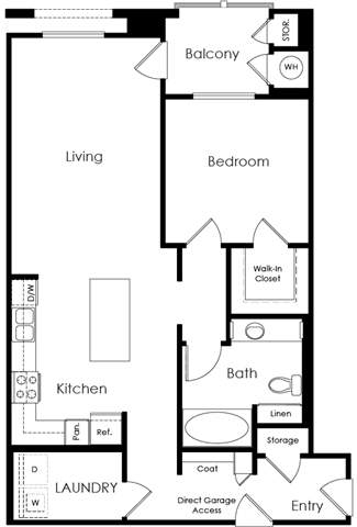 Floor plan for 1 bed, 1 bath, 922 sqft
