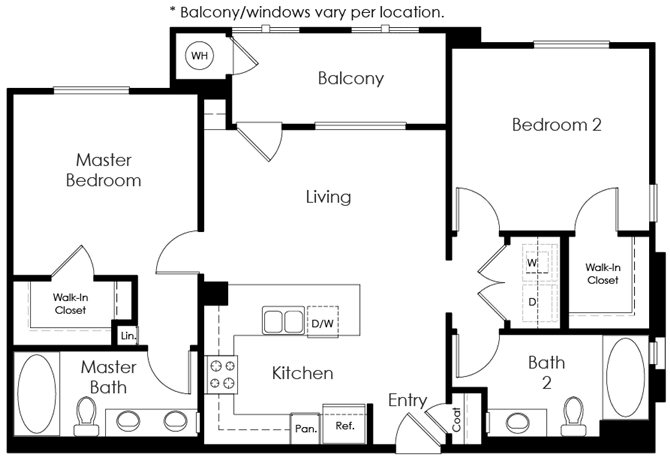 Floor plan for 2 beds, 2 baths, 1020 sqft