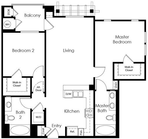 Floor plan for 2 beds, 2 baths, 1104 sqft