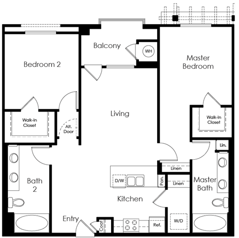 Floor plan for 2 beds, 2 baths, 1142 sqft