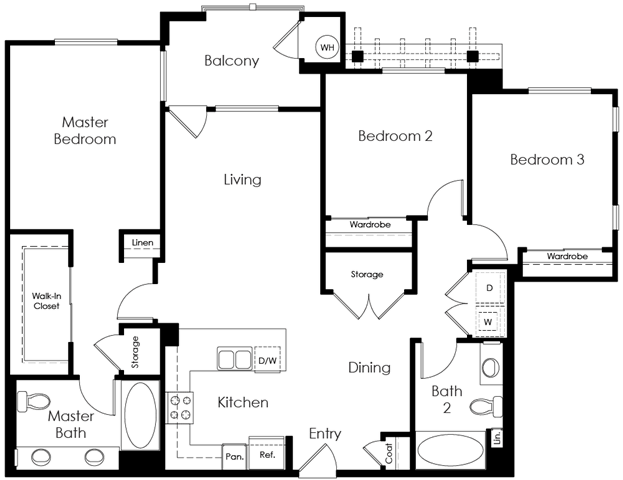 Floor plan for 3 beds, 2 baths, 1402 sqft