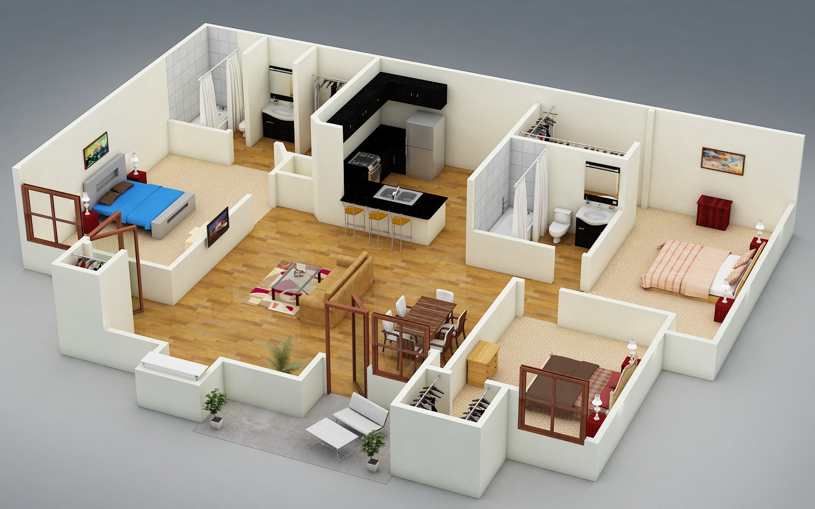 Floor plan for 3 beds, 2 baths, 1350 sqft