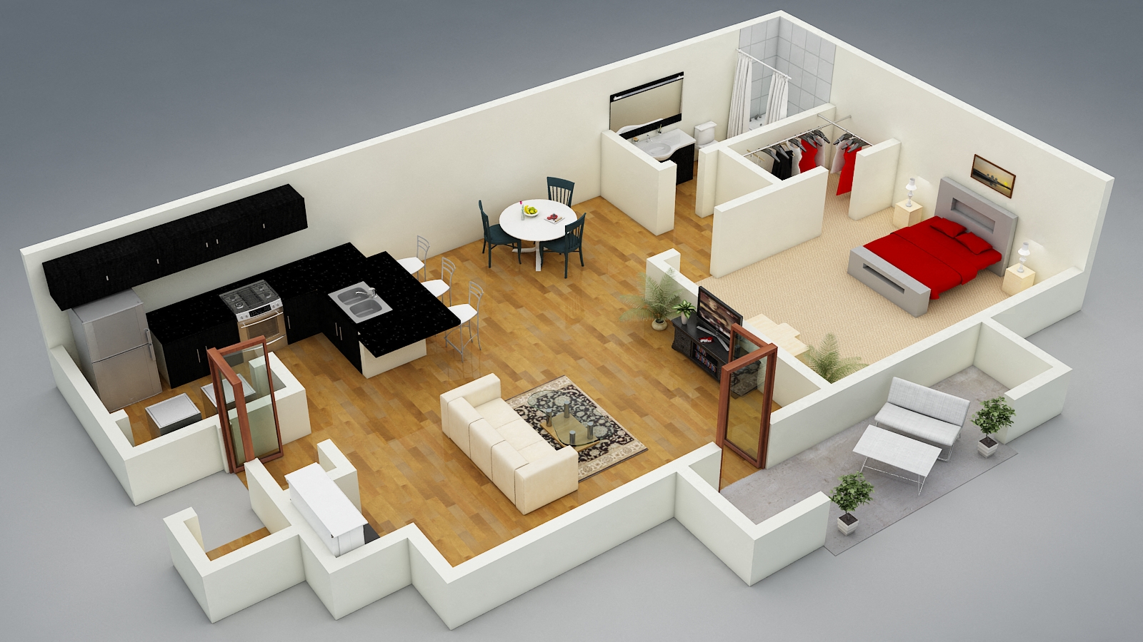 Floor plan for 1 bed, 1 bath, 720 sqft
