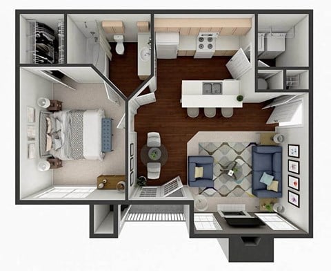 Floor plan for 1 bed, 1 bath, 719 sqft