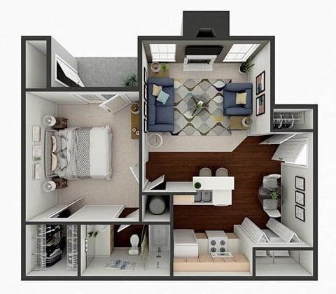 Floor plan for 1 bed, 1 bath, 597 sqft