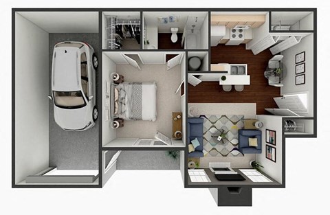 Floor plan for 1 bed, 1 bath, 597 sqft