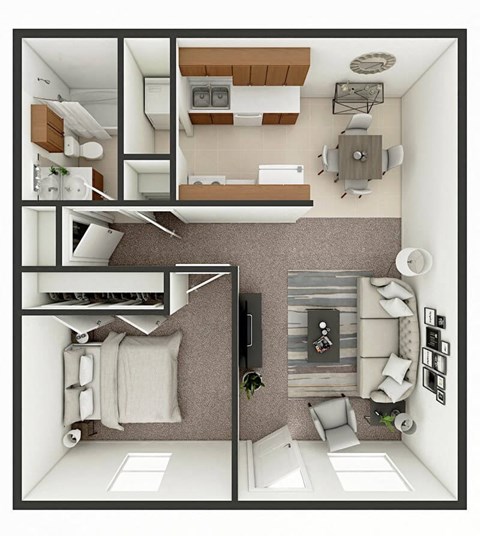 Floor plan for 1 bed, 1 bath, 621 sqft
