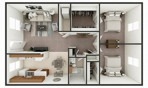Floor plan for 2 beds, 1 bath, 875 sqft