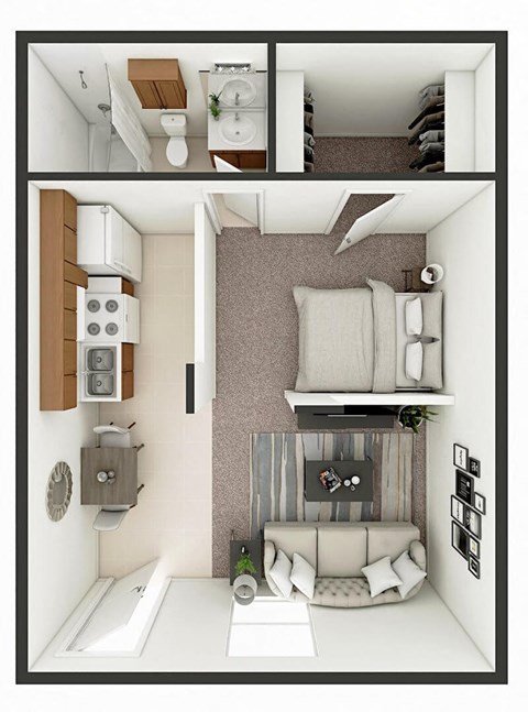 Floor plan for 1 bed, 1 bath, 374 sqft