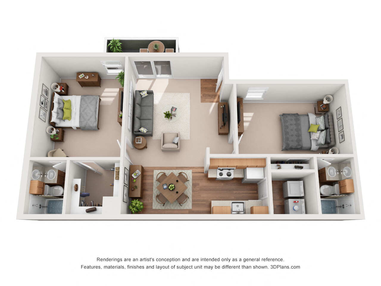Floor plan for 2 beds, 2 baths, 950 sqft