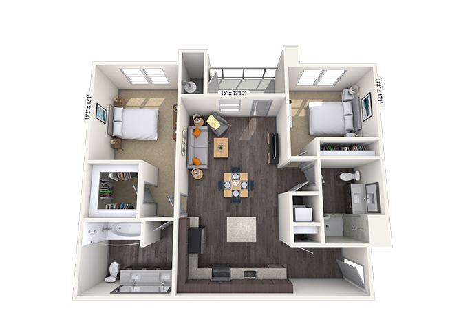Floor plan for 2 beds, 2 baths, 1108 sqft