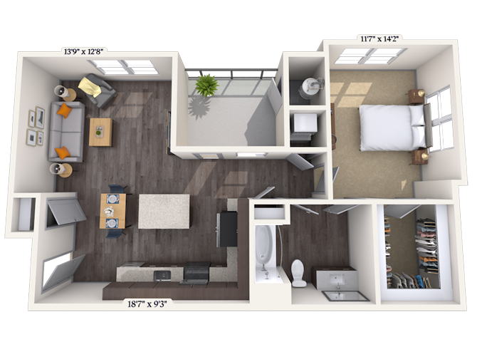 Floor plan for 1 bed, 1 bath, 835 sqft