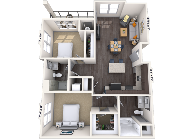 Floor plan for 2 beds, 2 baths, 1045 sqft