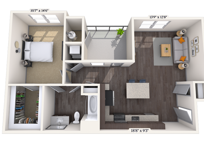 Floor plan for 1 bed, 1 bath, 821 sqft