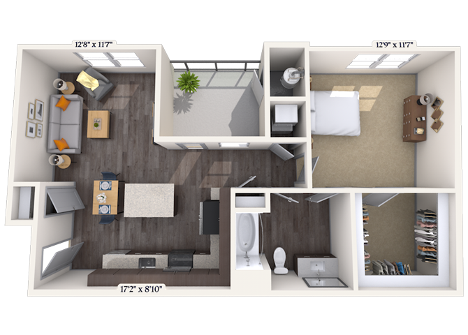 Floor plan for 1 bed, 1 bath, 785 sqft