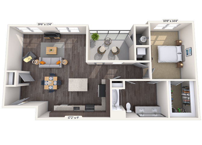 Floor plan for 1 bed, 1 bath, 965 sqft