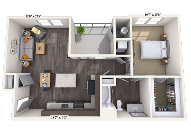 Floor plan for 1 bed, 1 bath, 812 sqft