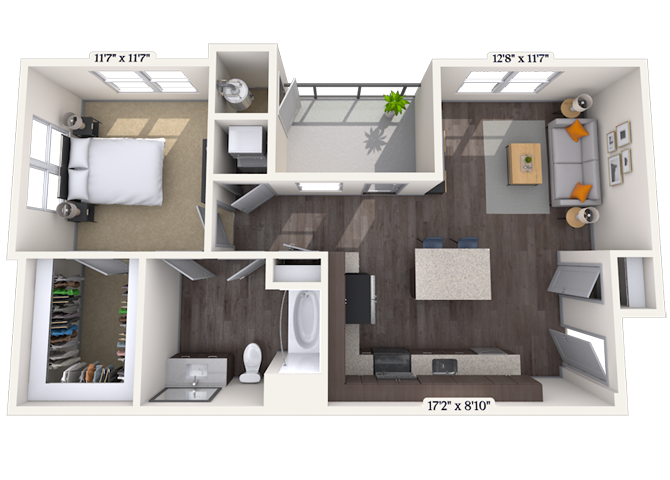 Floor plan for 1 bed, 1 bath, 750 sqft