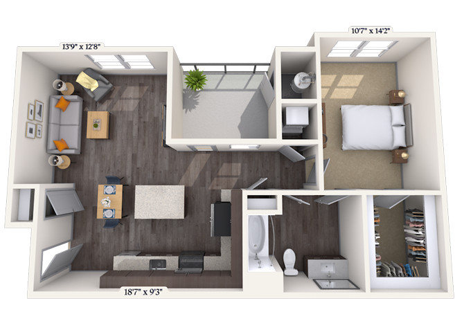 Floor plan for 1 bed, 1 bath, 816 sqft