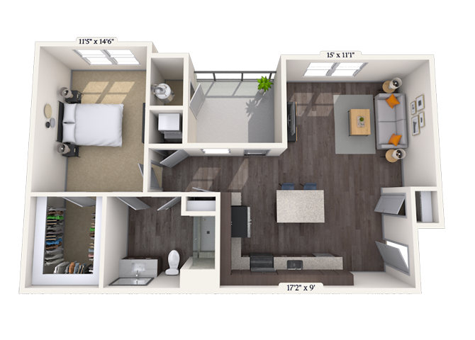 Floor plan for 1 bed, 1 bath, 858 sqft