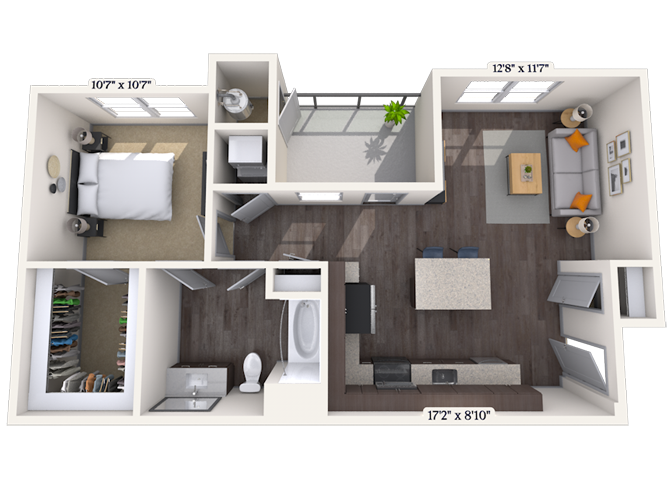 Floor plan for 1 bed, 1 bath, 724 sqft