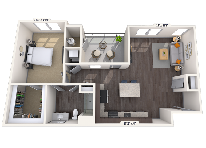 Floor plan for 1 bed, 1 bath, 885 sqft