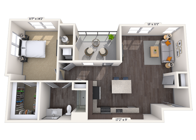 Floor plan for 1 bed, 1 bath, 880 sqft