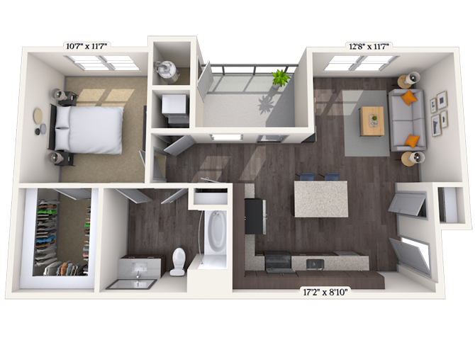Floor plan for 1 bed, 1 bath, 735 sqft