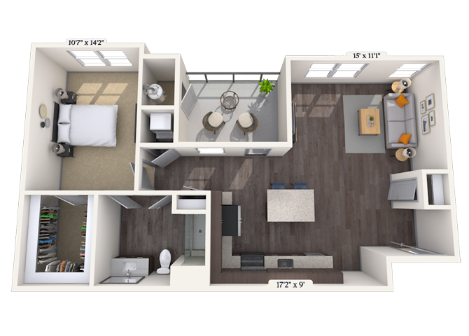 Floor plan for 1 bed, 1 bath, 863 sqft