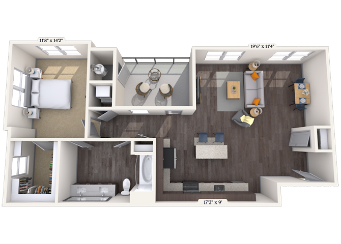 Floor plan for 1 bed, 1 bath, 980 sqft