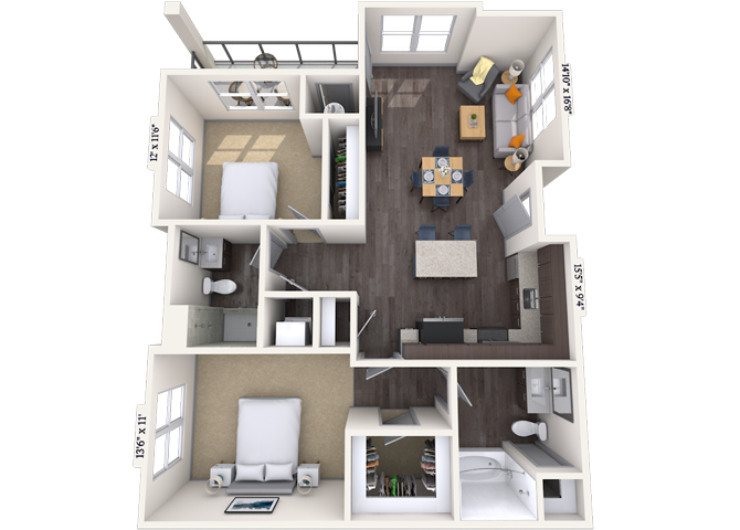 Floor plan for 2 beds, 2 baths, 1060 sqft