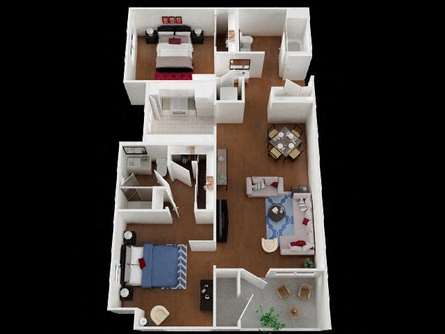 Floor plan for 2 beds, 2 baths, 956 sqft