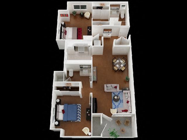 Floor plan for 2 beds, 2 baths, 1038 sqft