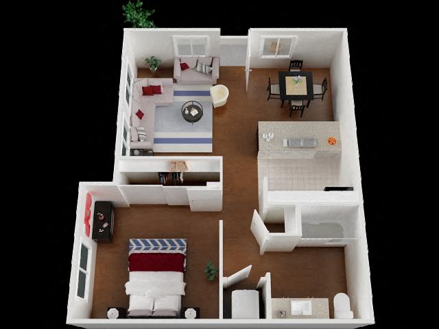 Floor plan for 1 bed, 1 bath, 652 sqft
